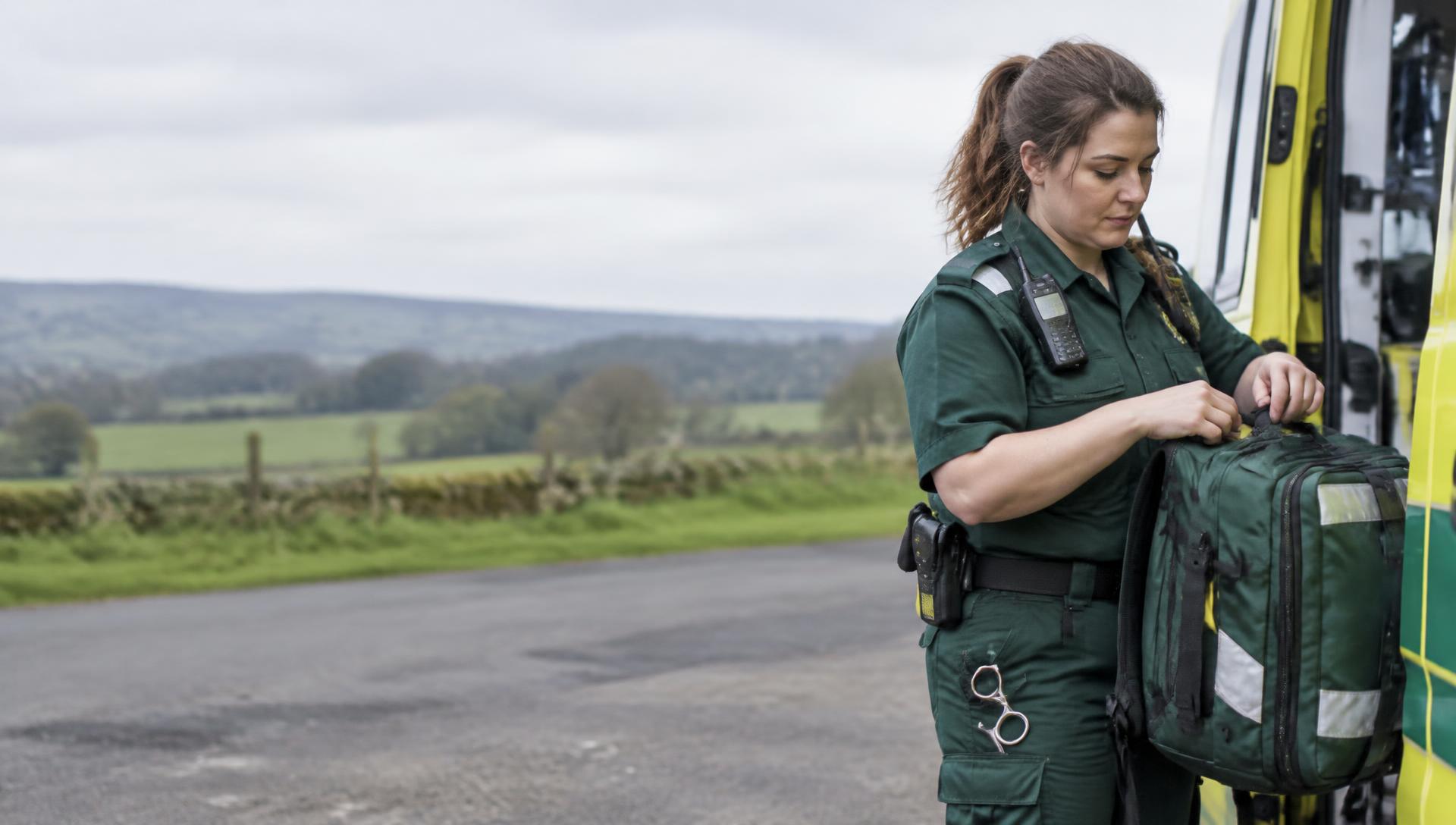 A paramedic beside her ambulance, preparing her kit bag